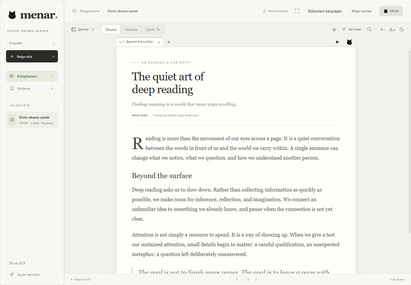 Menar reading view showing its sample essay, The quiet art of deep reading, with a local document library and page controls.